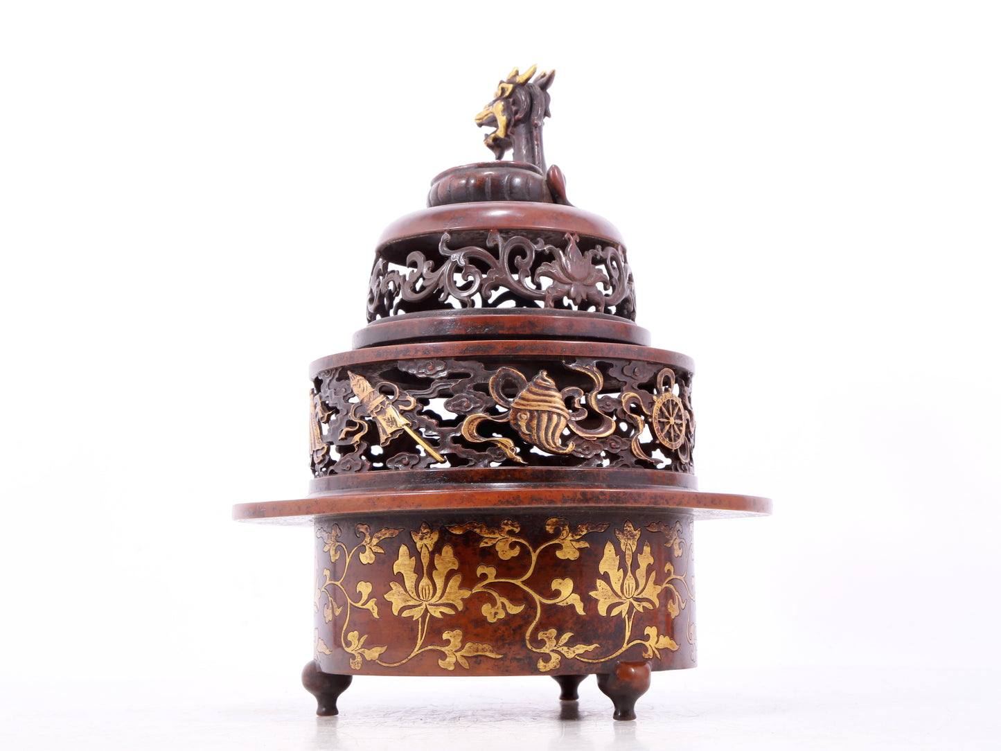 An exquisite gilt bronze tripod censer with lotus and dragon pattern and lid