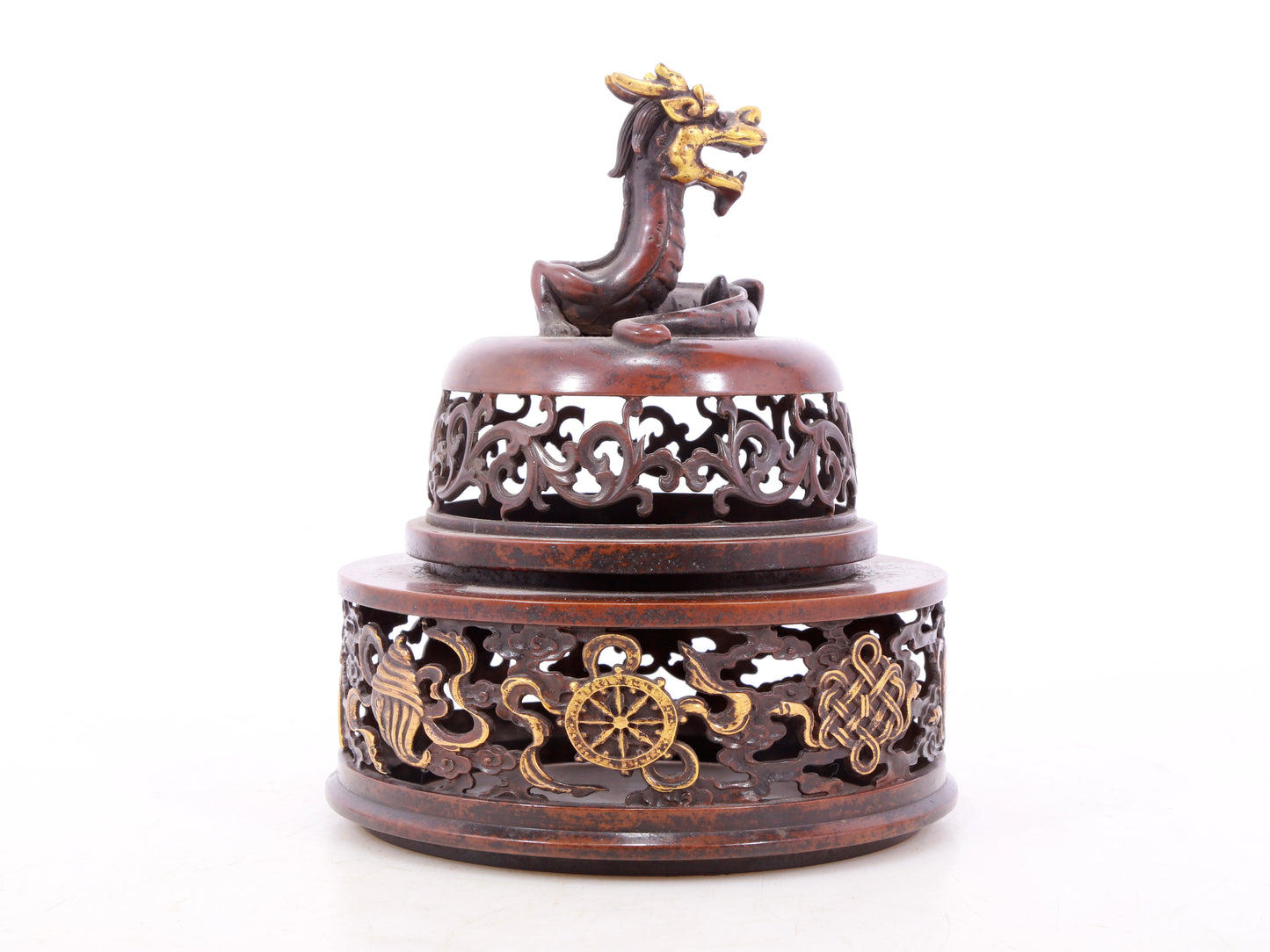 An exquisite gilt bronze tripod censer with lotus and dragon pattern and lid