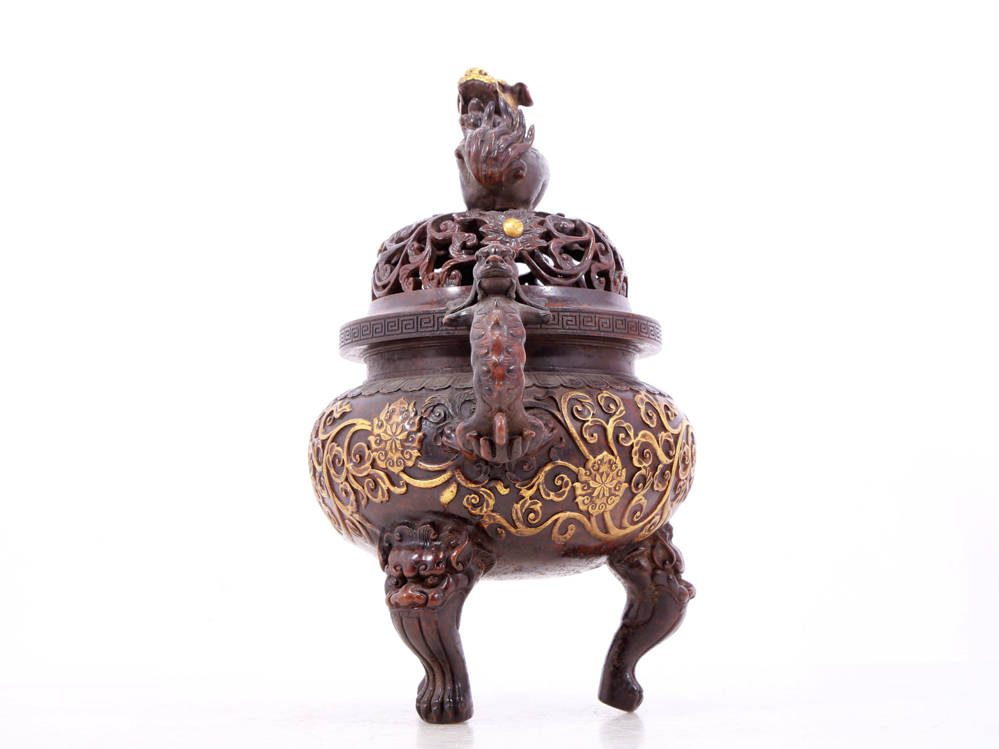 An exquisite gilt bronze censer with double ears and three legs with lotus and auspicious animal patterns.