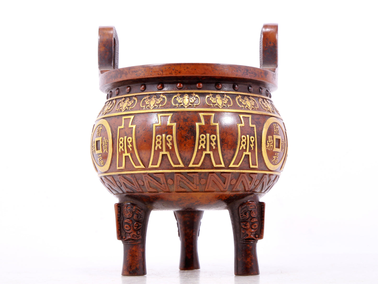 An exquisite gilt bronze coin-patterned double-eared, tripod censer with Xuande six-character markation