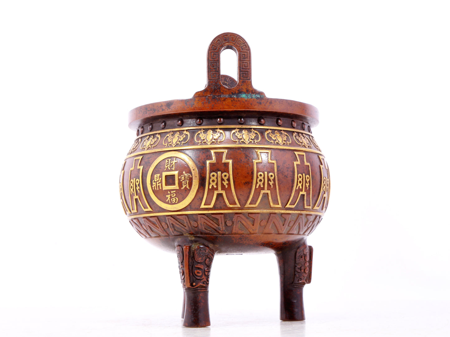 An exquisite gilt bronze coin-patterned double-eared, tripod censer with Xuande six-character markation