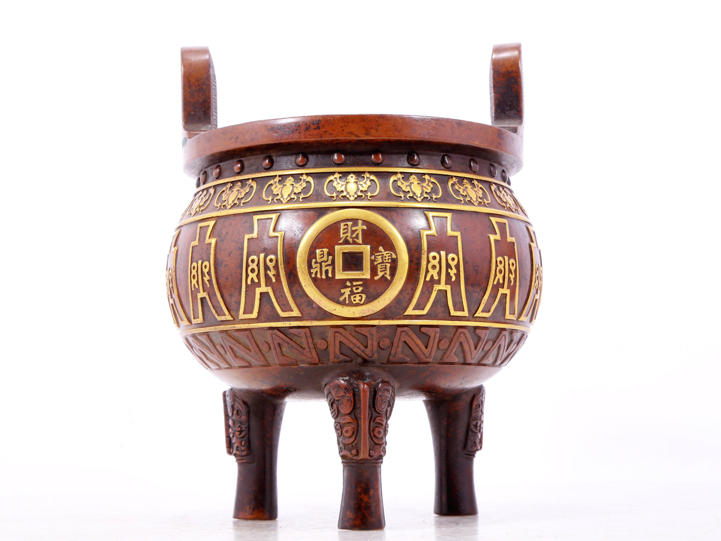 An exquisite gilt bronze coin-patterned double-eared, tripod censer with Xuande six-character markation