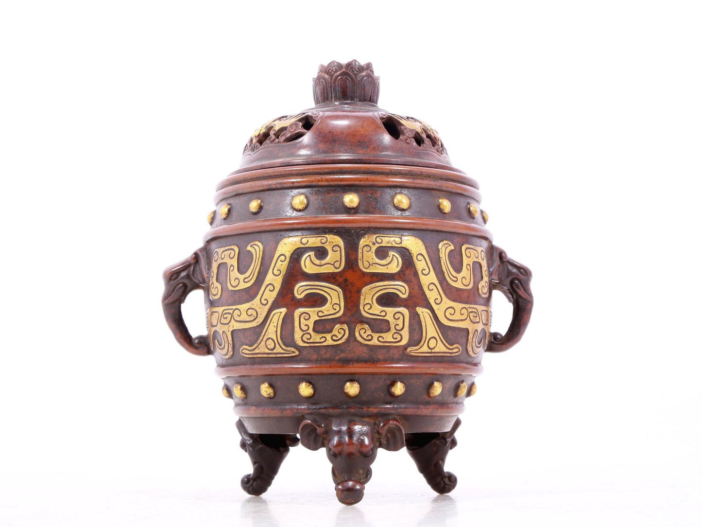 An exquisite gilt bronze dragon-patterned double-eared and tripod censer with lid