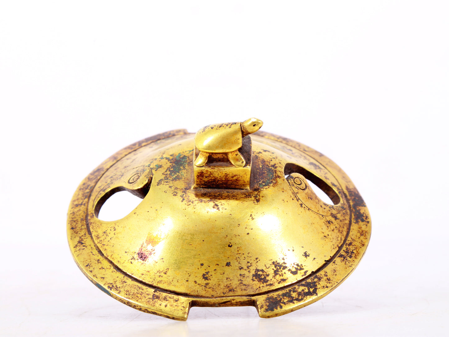 An exquisite gilt bronze censer with double ears and three legs with auspicious animal patterns and a lid