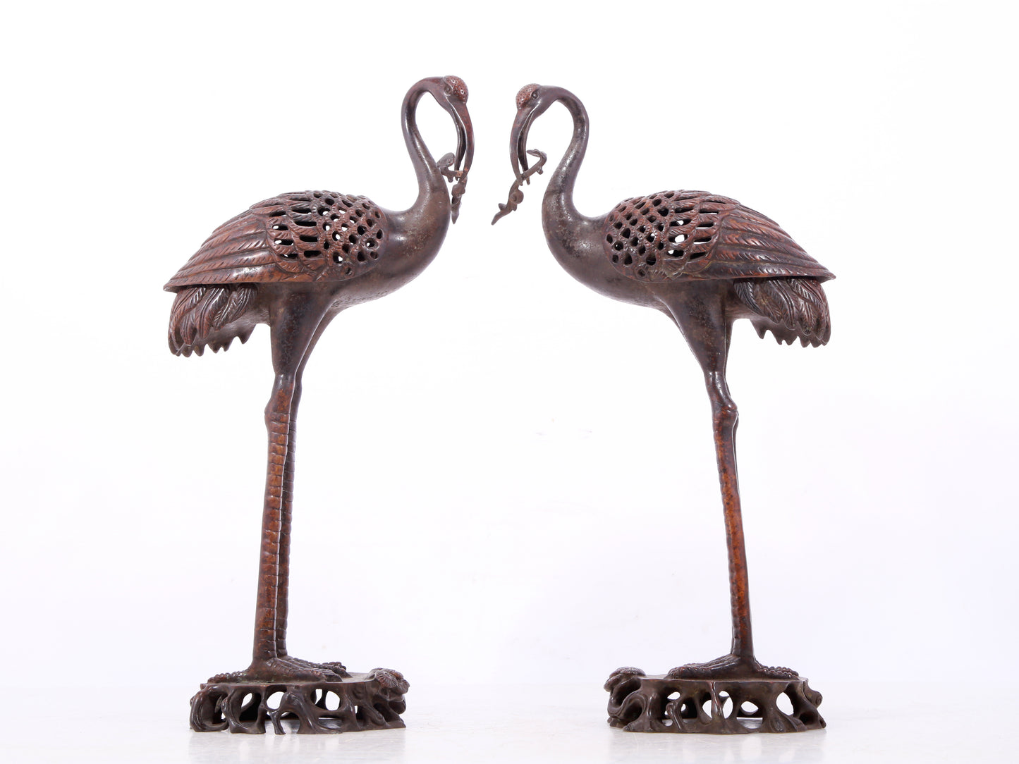 A pair of exquisite bronze crane-shaped censers