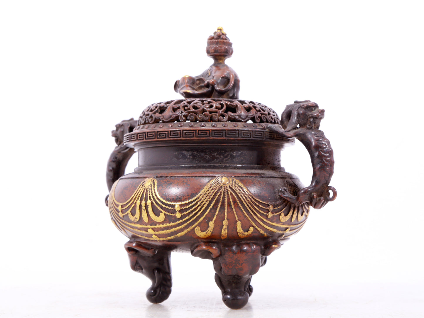 An exquisite gilt bronze elephant-patterned two-eared and tripod censer with lid