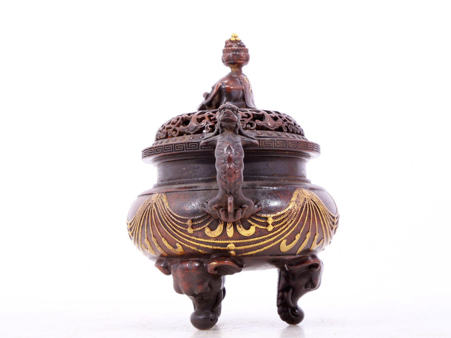 An exquisite gilt bronze elephant-patterned two-eared and tripod censer with lid