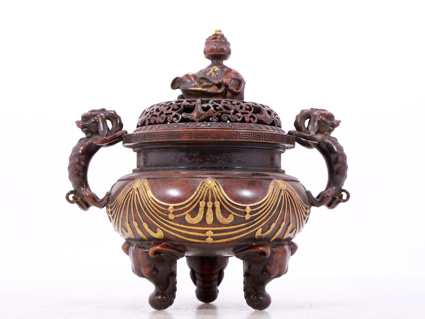 An exquisite gilt bronze elephant-patterned two-eared and tripod censer with lid