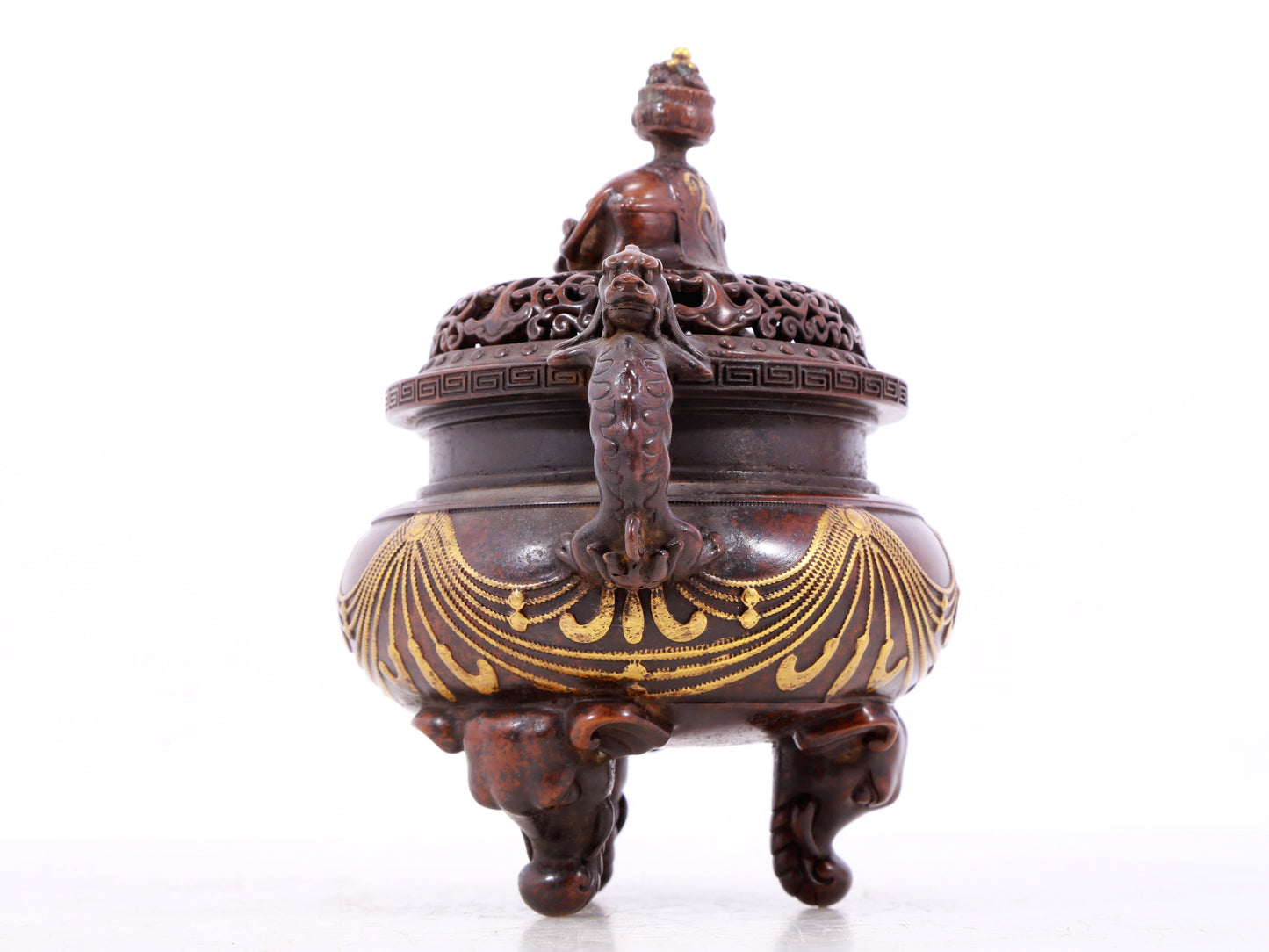 An exquisite gilt bronze elephant-patterned two-eared and tripod censer with lid