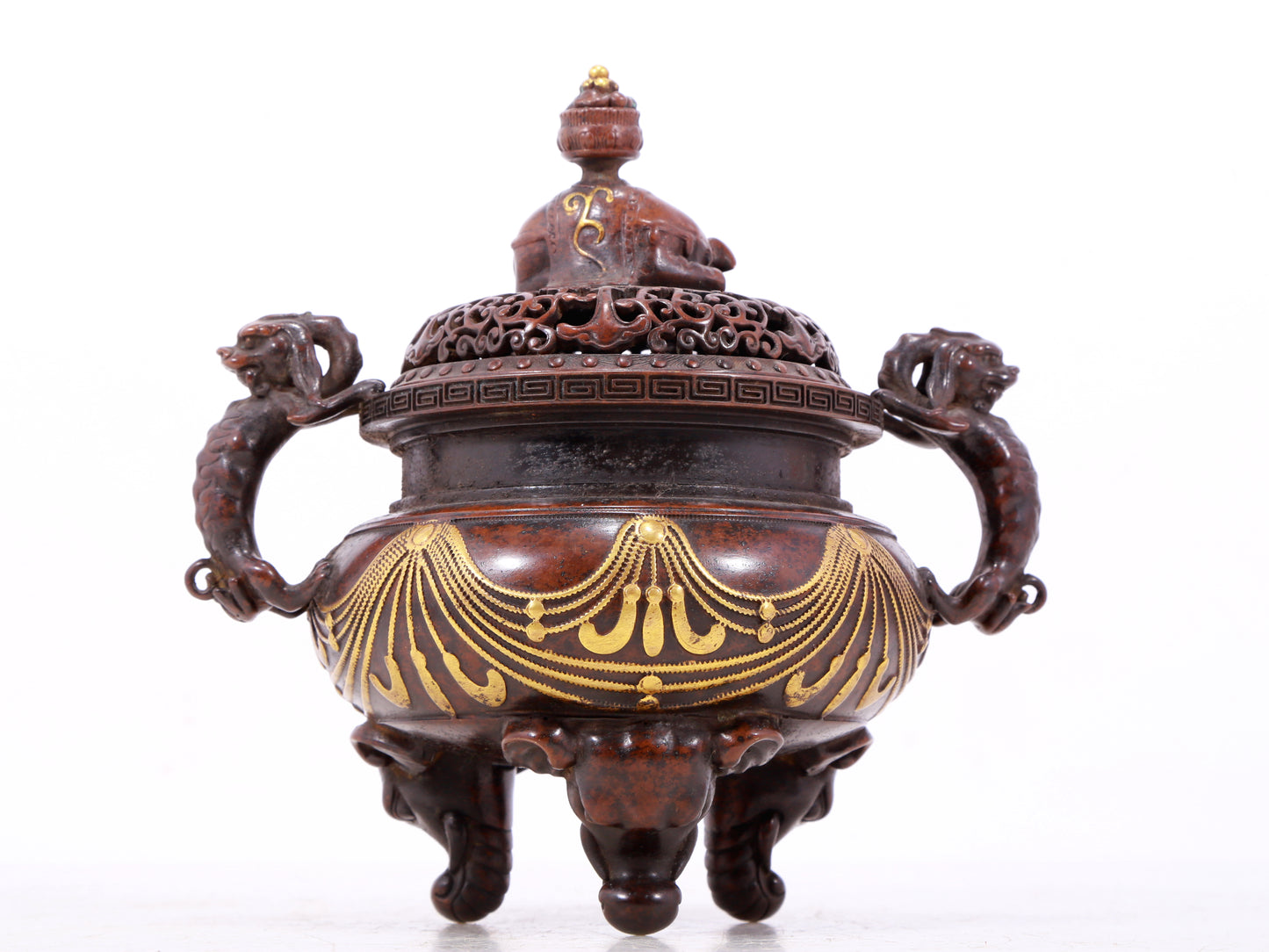 An exquisite gilt bronze elephant-patterned two-eared and tripod censer with lid