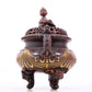 An exquisite gilt bronze elephant-patterned two-eared and tripod censer with lid