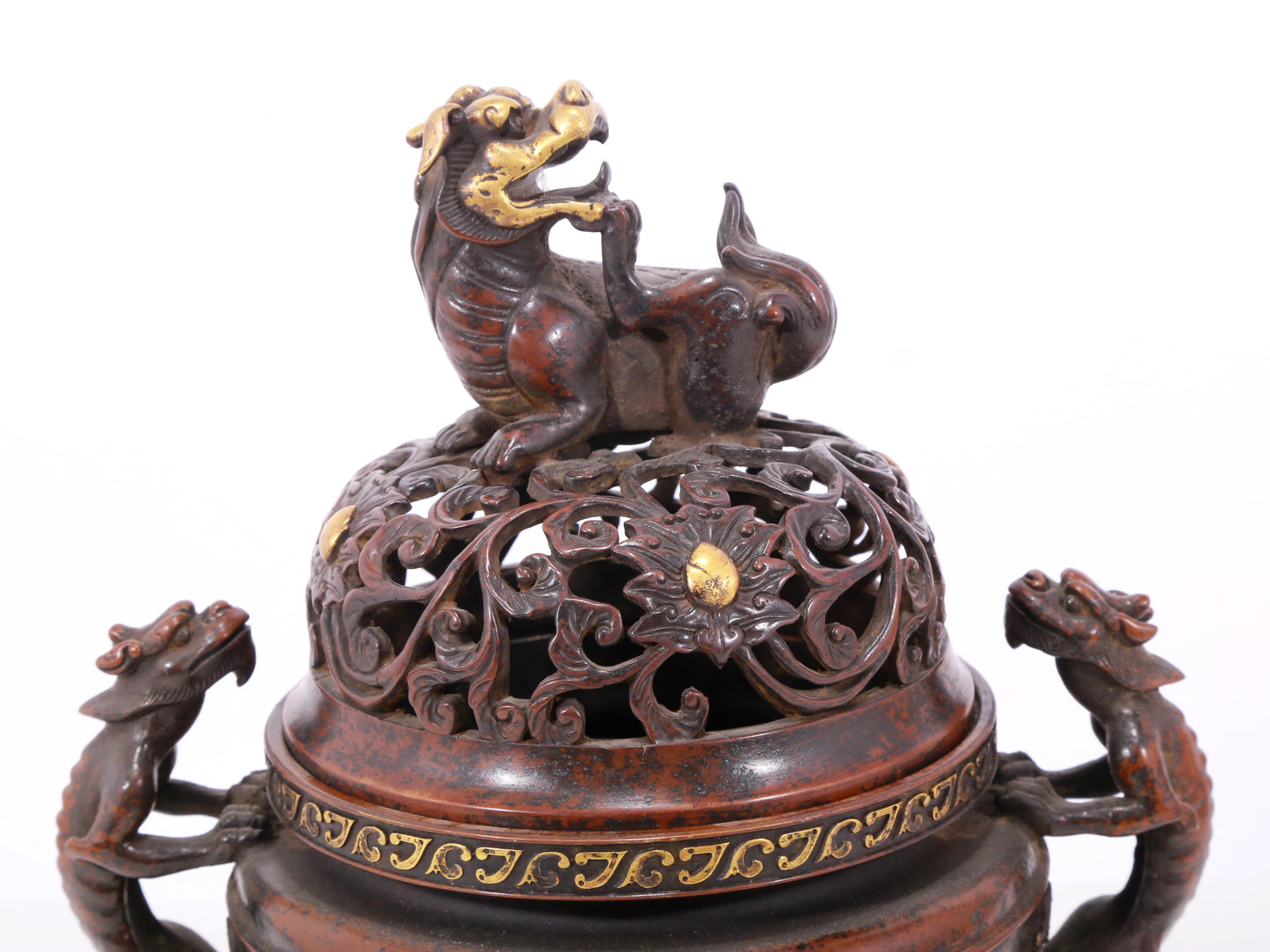 An exquisite gilt bronze double-eared and tripod censer with chilong pattern and lid