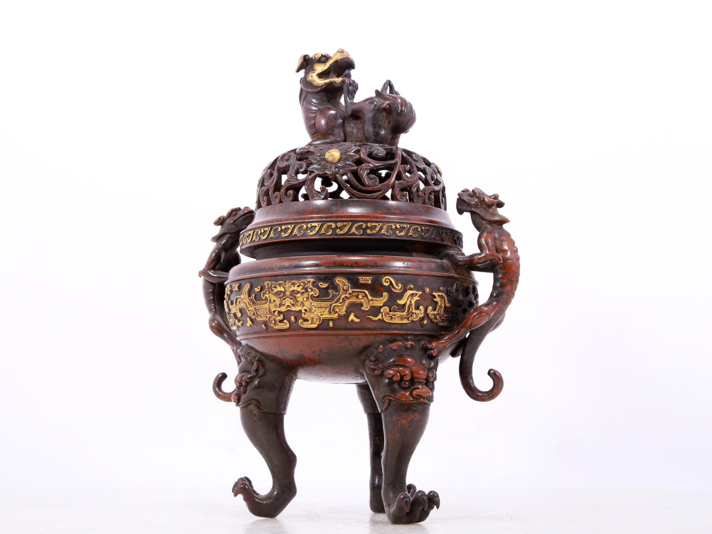 An exquisite gilt bronze double-eared and tripod censer with chilong pattern and lid