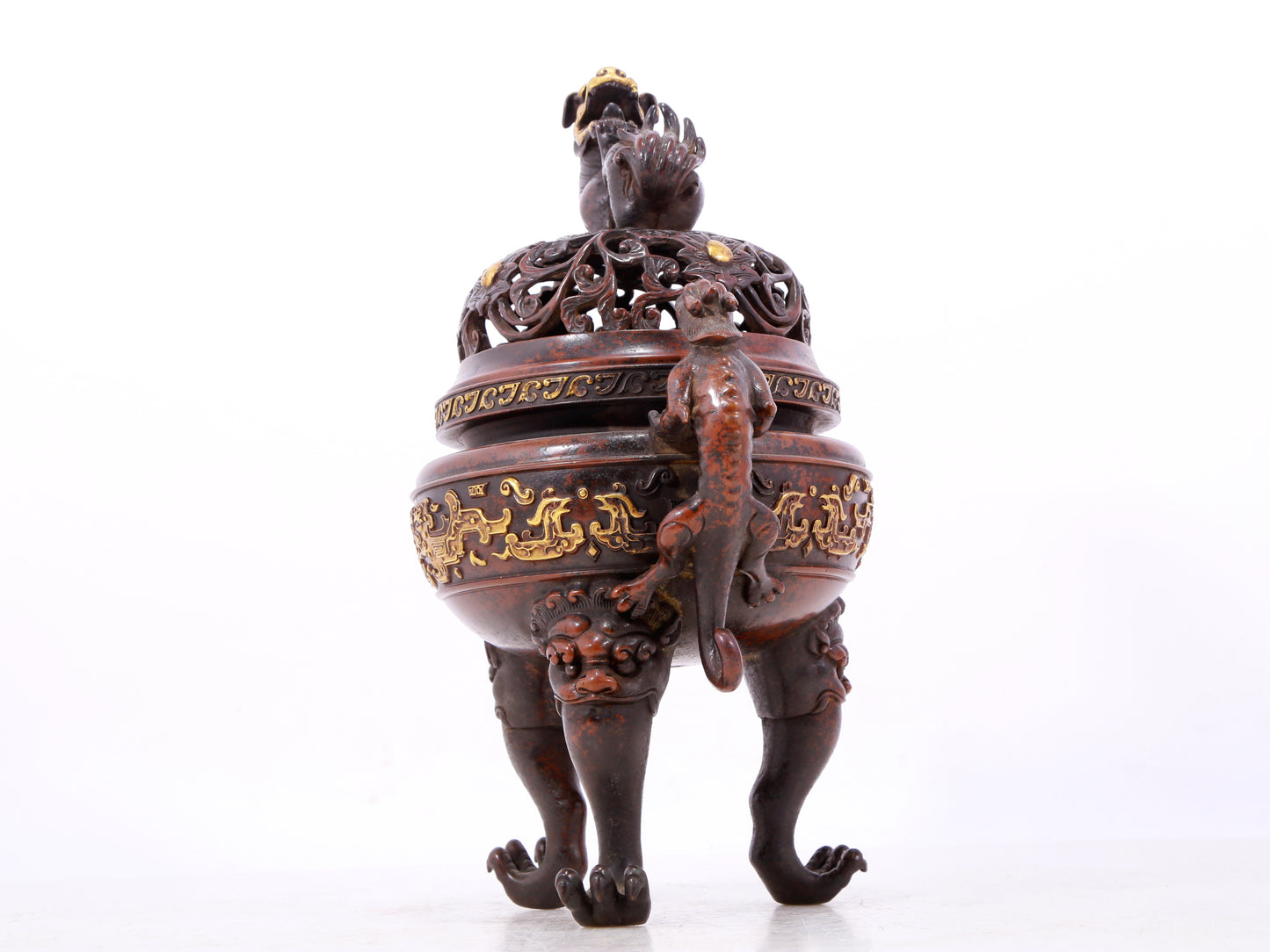 An exquisite gilt bronze double-eared and tripod censer with chilong pattern and lid