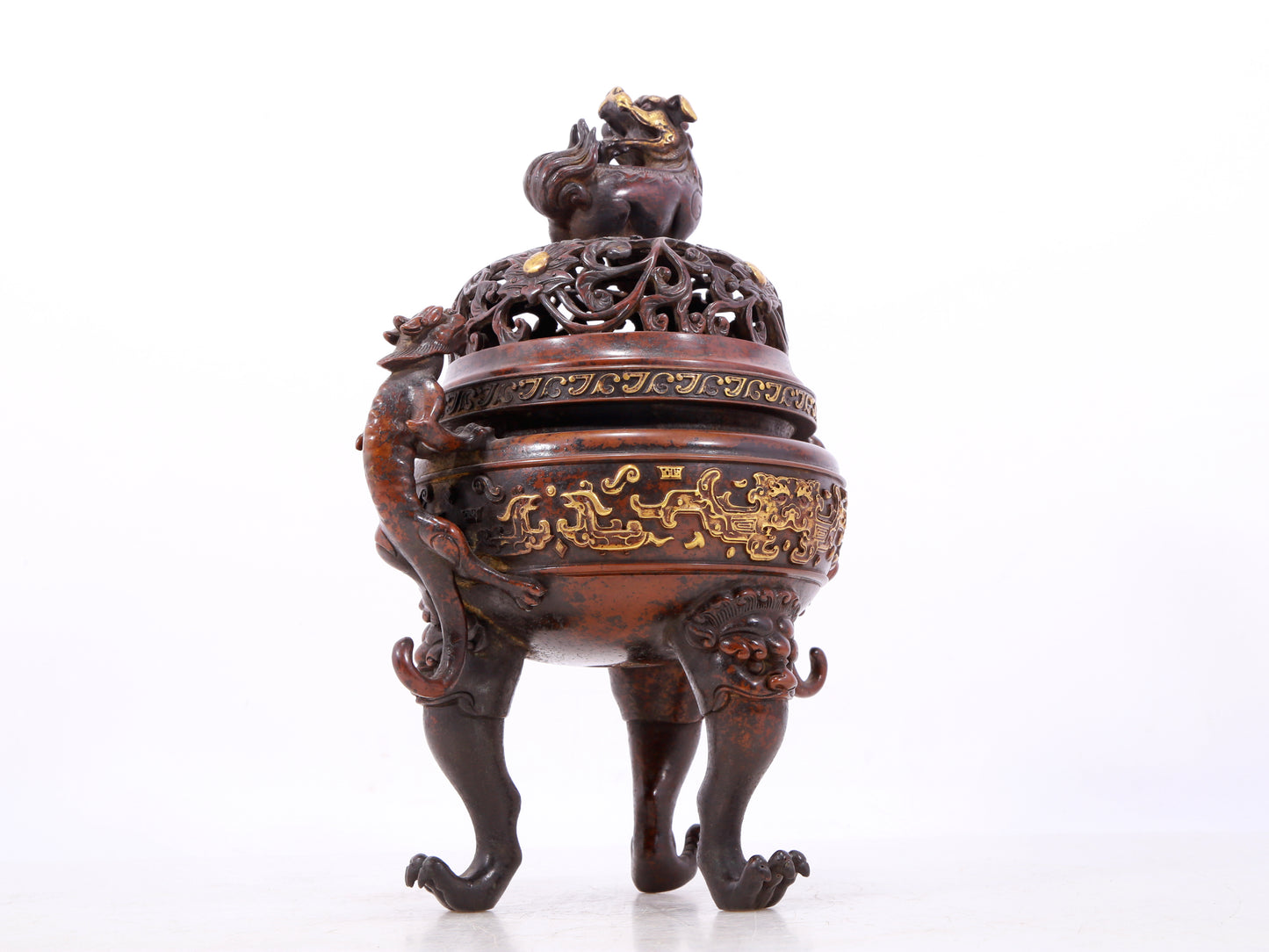 An exquisite gilt bronze double-eared and tripod censer with chilong pattern and lid