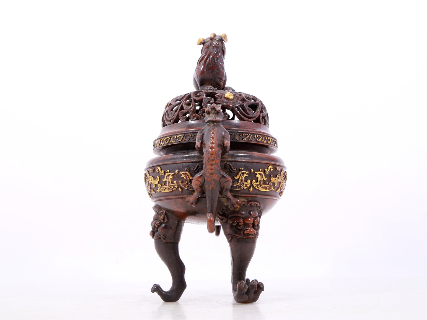 An exquisite gilt bronze double-eared and tripod censer with chilong pattern and lid