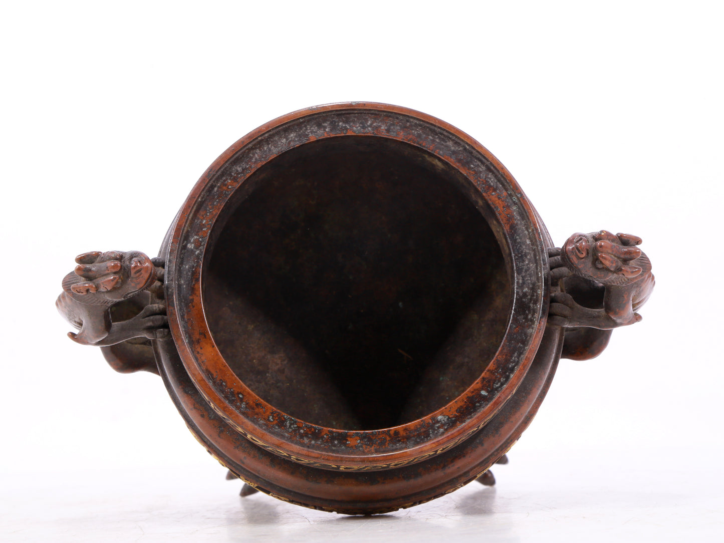 An exquisite gilt bronze double-eared and tripod censer with chilong pattern and lid