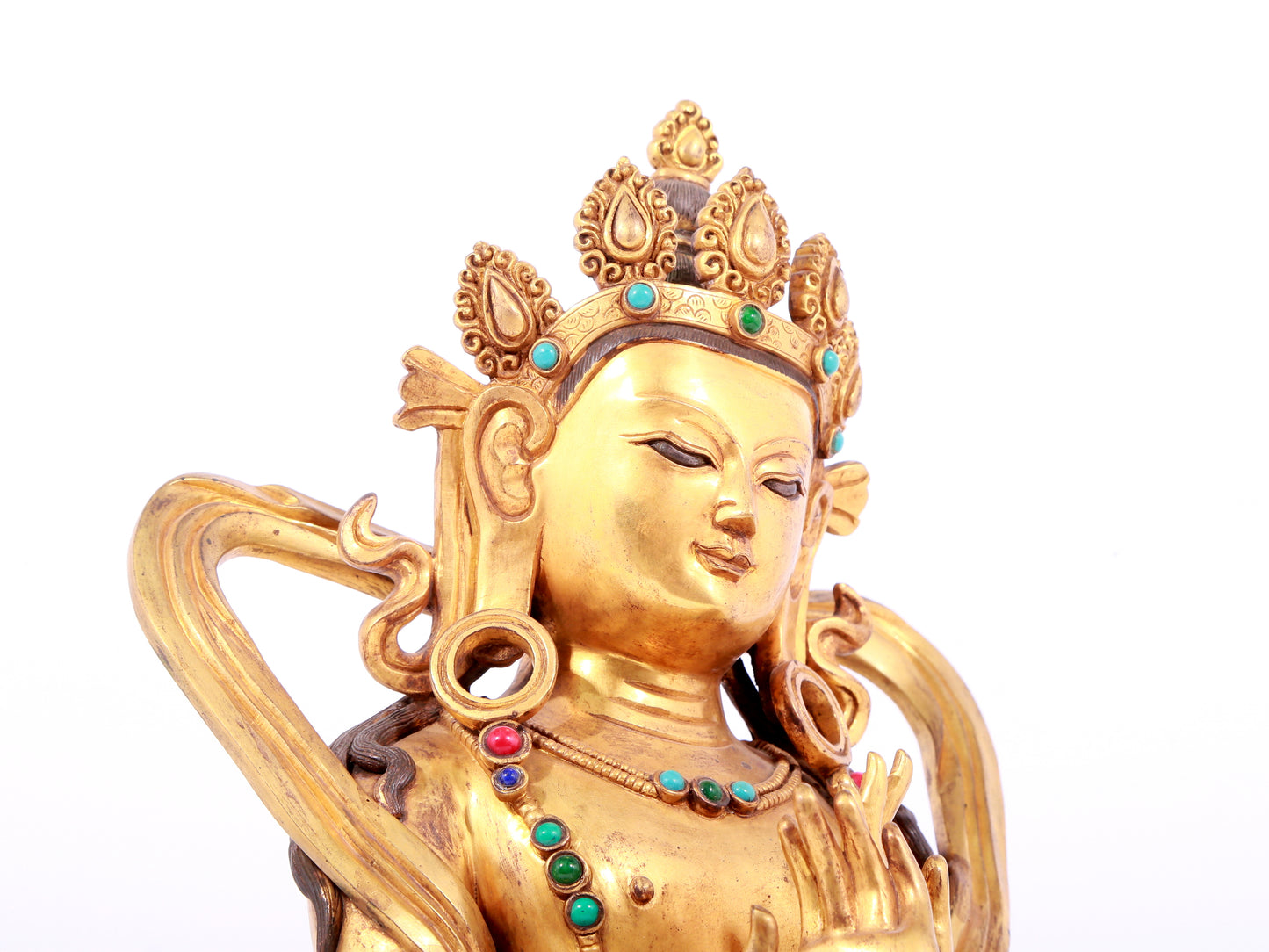 A solemn gilt bronze statue of Bodhisattva inlaid gems