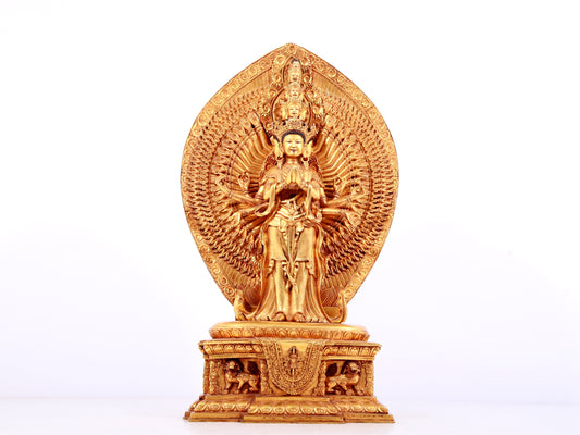 A solemn gilt bronze statue of Avalokitesvara with Thousand Arms