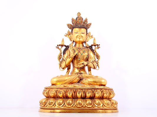 A solemn gilt bronze statue of Bodhisattva inlaid gems