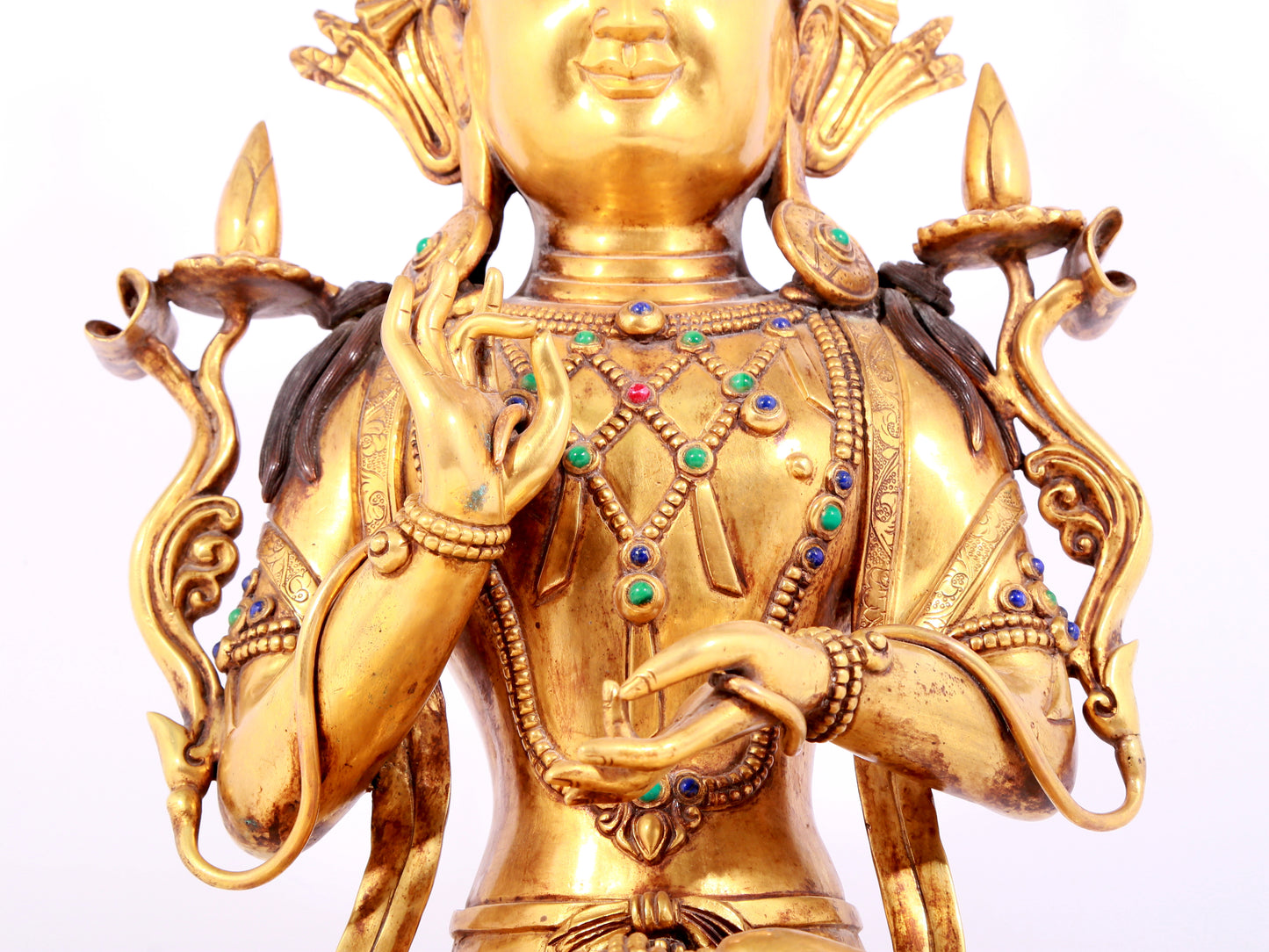 A solemn gilt bronze statue of Bodhisattva inlaid gems