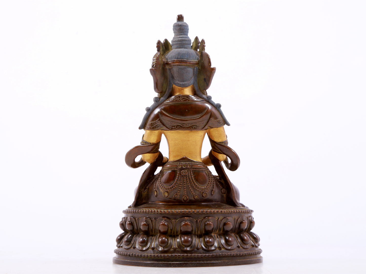 A serene gilt bronze statue of Amitayus Buddha