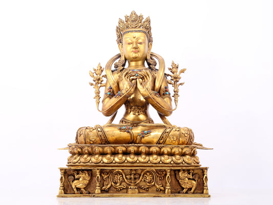 A serene gilt bronze statue of Bodhisattva inlaid with hundreds of treasures