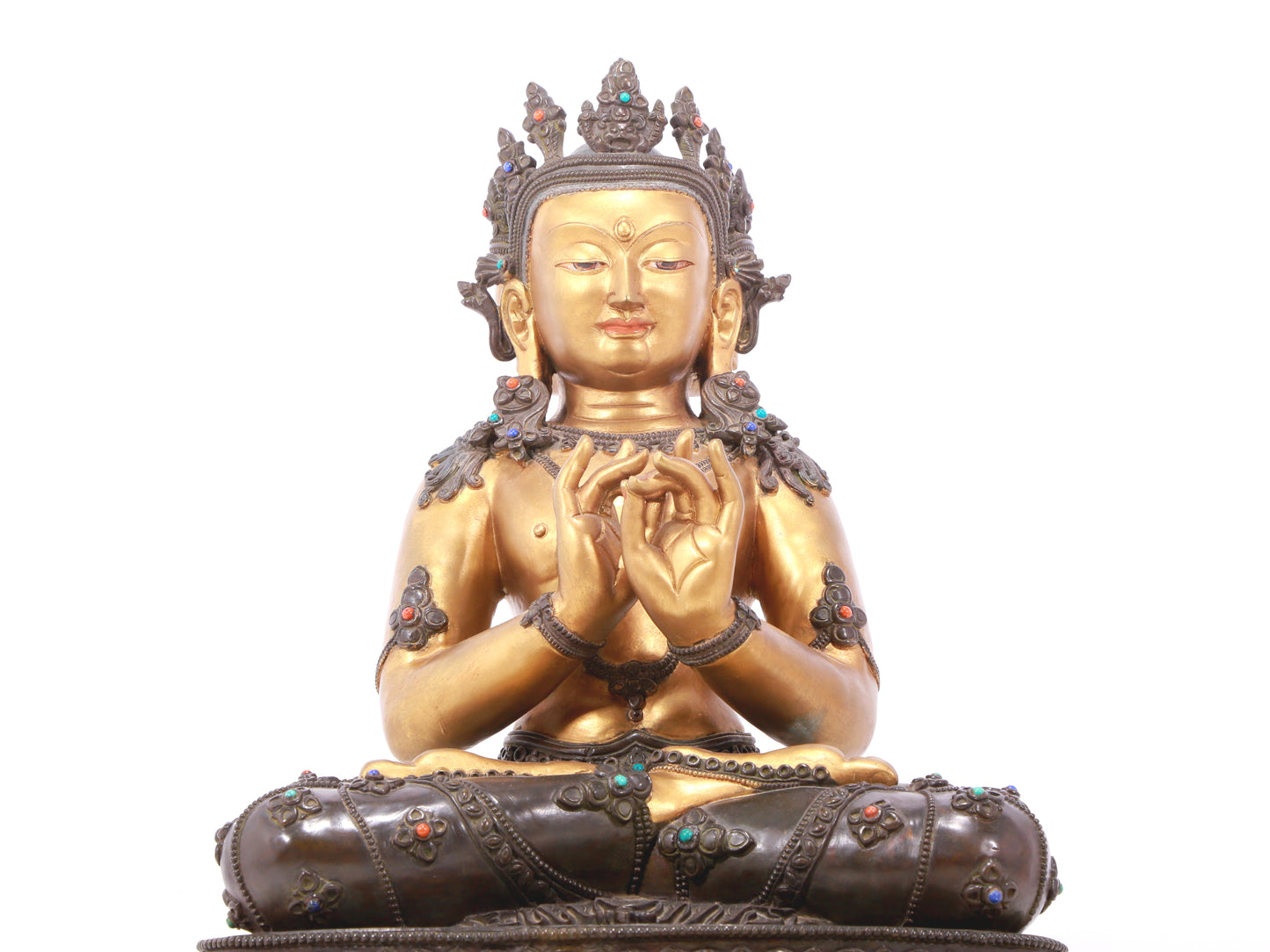 A serene gilt bronze statue of Bodhisattva inlaid with hundreds of treasures