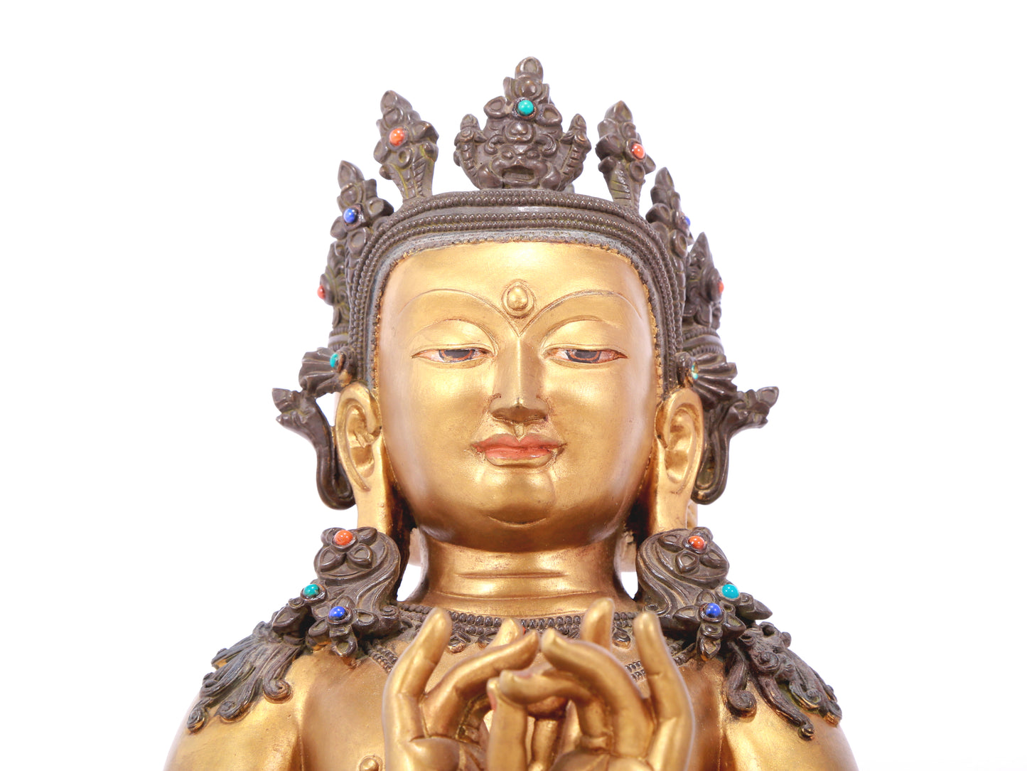 A serene gilt bronze statue of Bodhisattva inlaid with hundreds of treasures