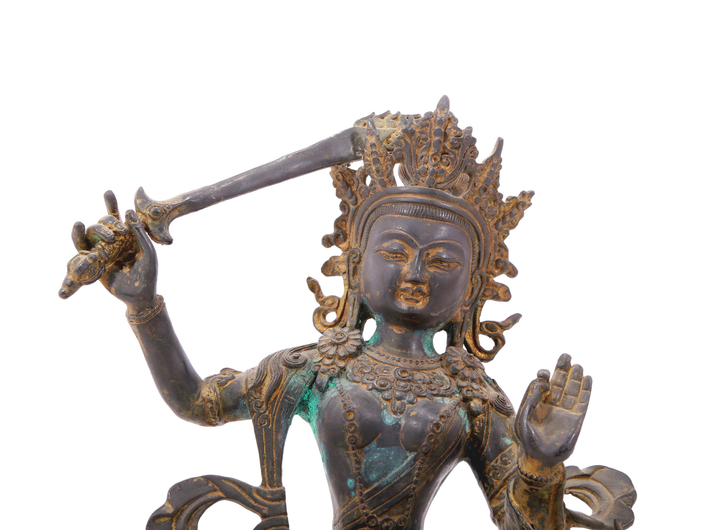 A serene gilt bronze statue of Manjushri Bodhisattva