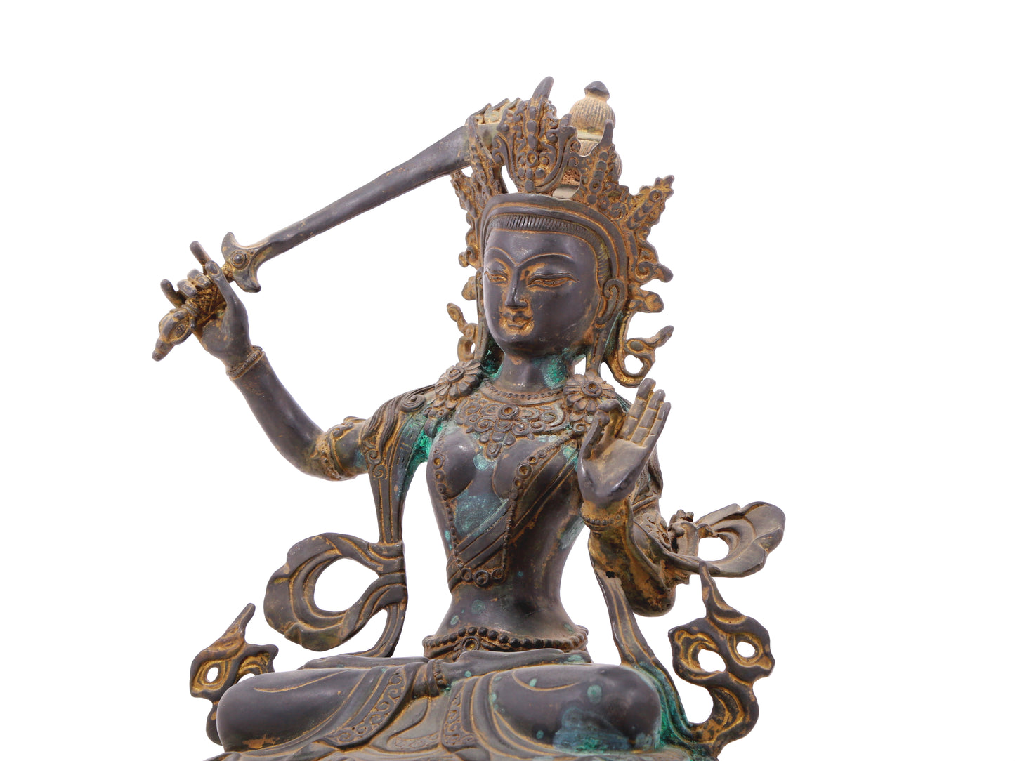 A serene gilt bronze statue of Manjushri Bodhisattva