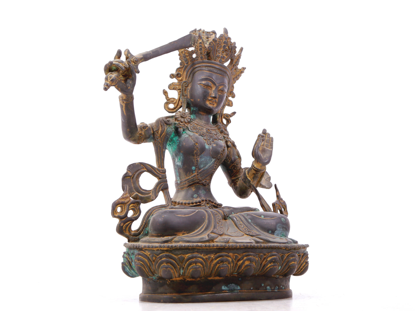 A serene gilt bronze statue of Manjushri Bodhisattva