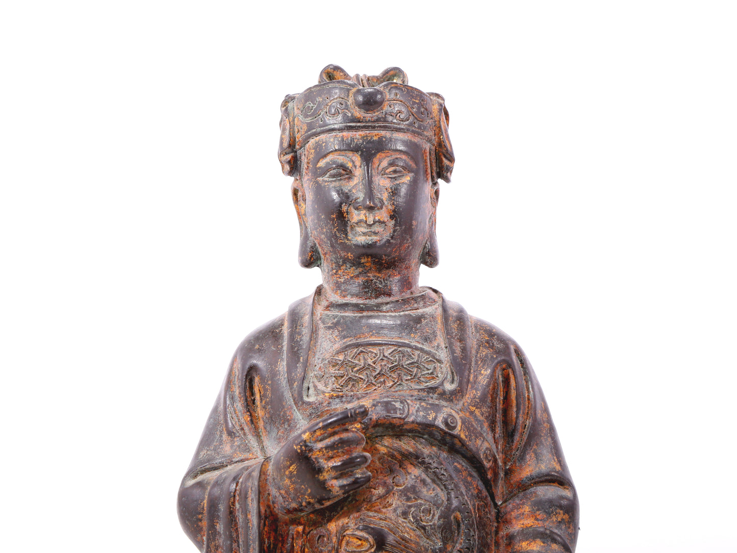 A serene gilt bronze statue of God of Wealth