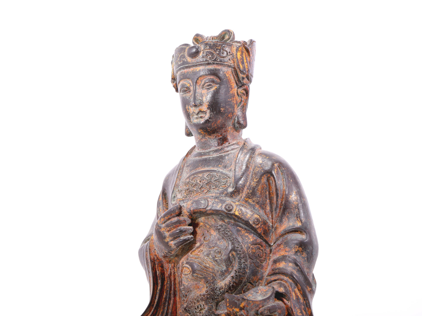 A serene gilt bronze statue of God of Wealth