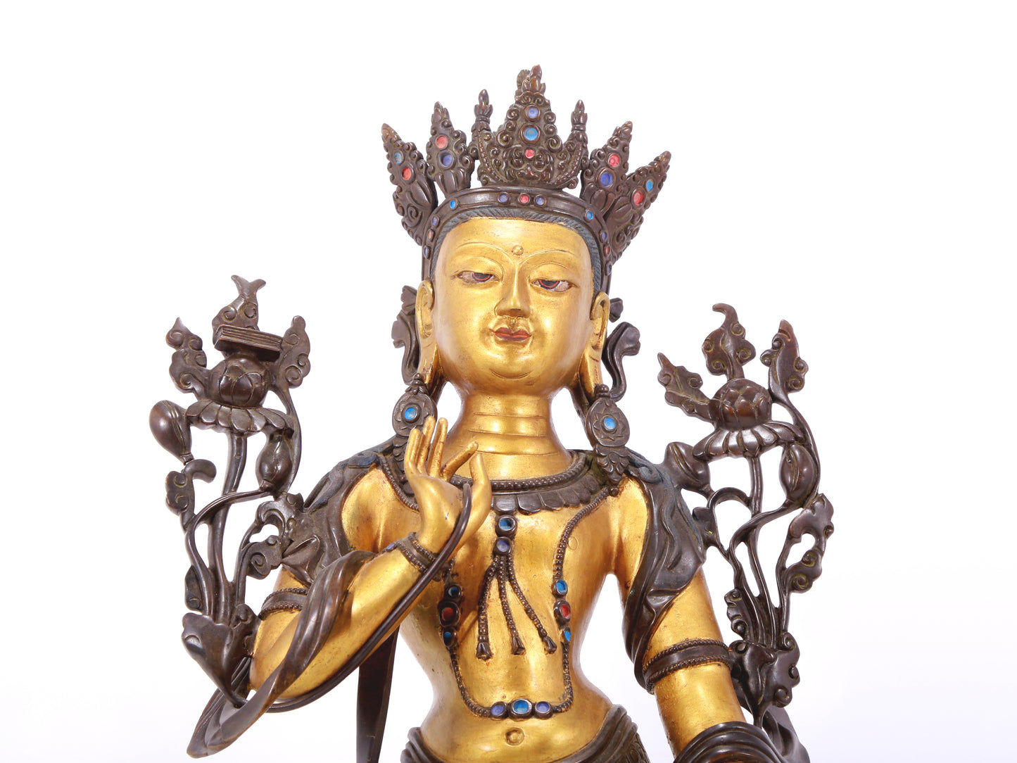 A stunning gilt bronze statue of Manjushri Bodhisattva