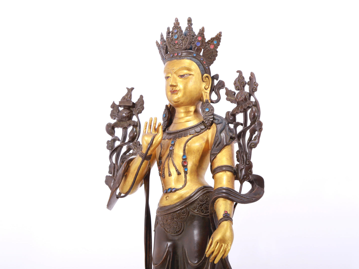 A stunning gilt bronze statue of Manjushri Bodhisattva