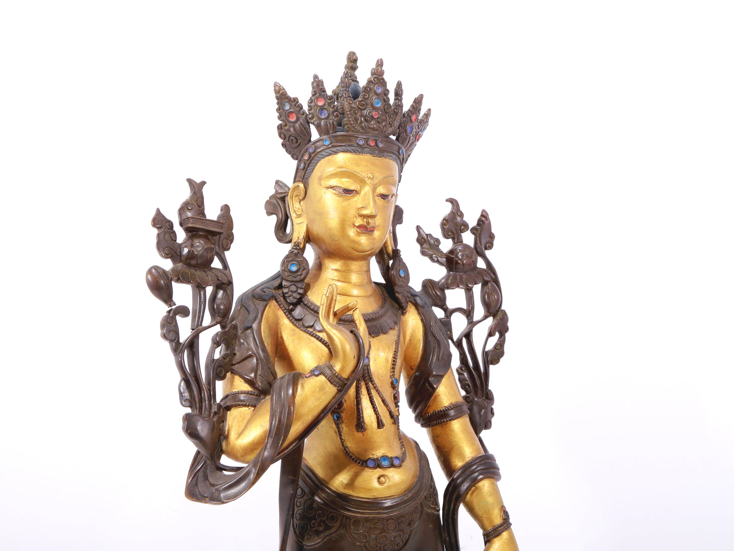 A stunning gilt bronze statue of Manjushri Bodhisattva