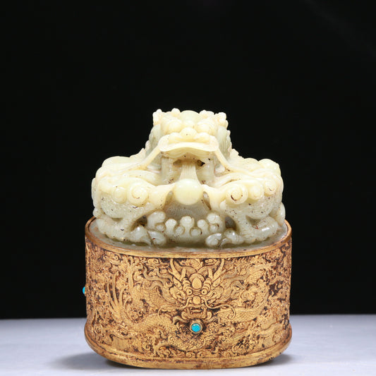 An Elaborate White Jade Gilt-Bronze-Mounted 'Dragon' Seal