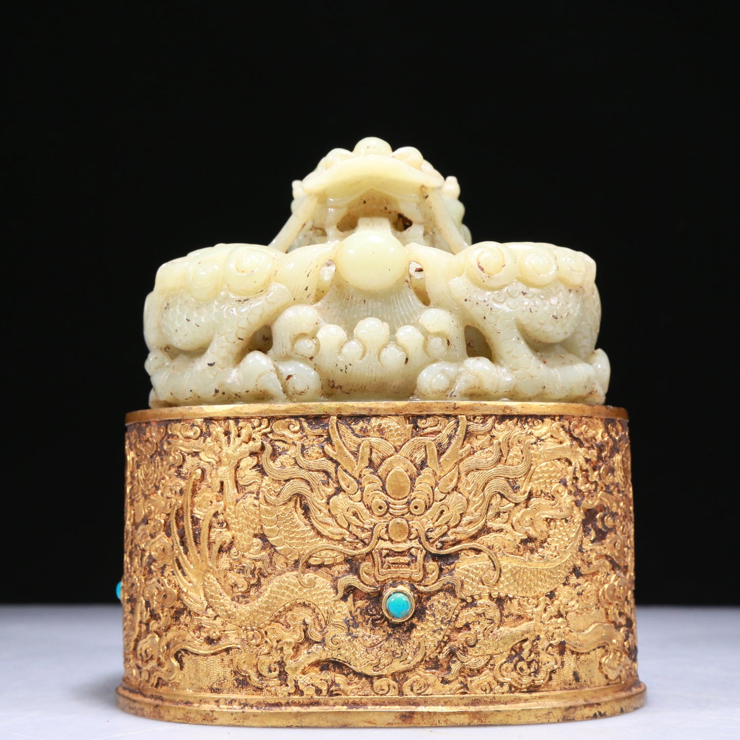 An Elaborate White Jade Gilt-Bronze-Mounted 'Dragon' Seal