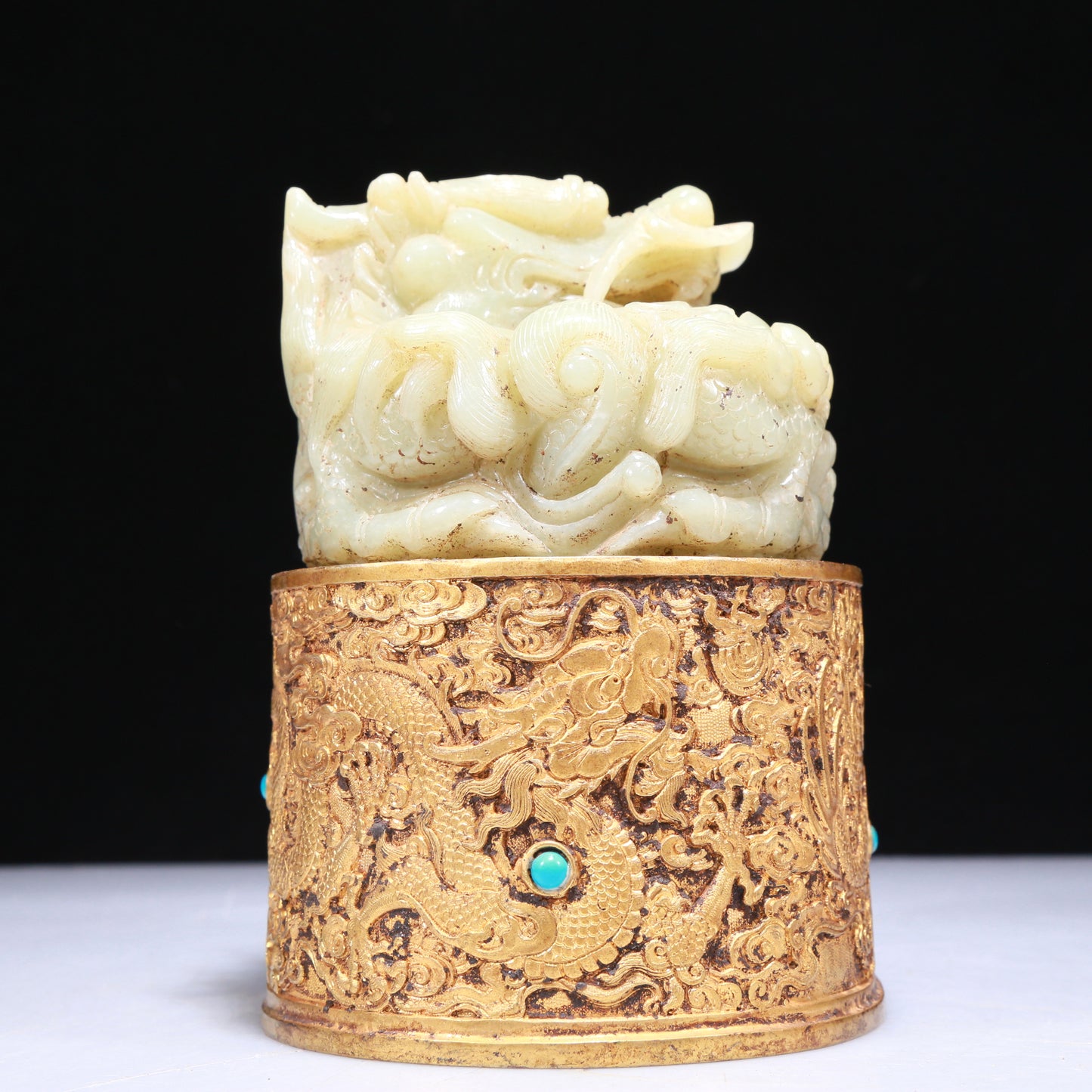 An Elaborate White Jade Gilt-Bronze-Mounted 'Dragon' Seal