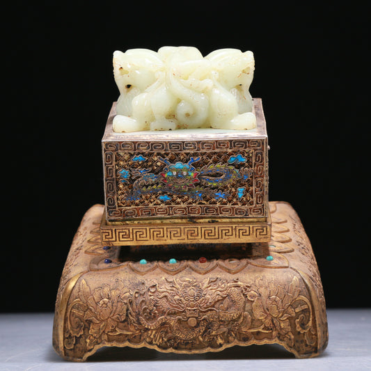 An Elaborate White Jade Gold-Mounted Blueing 'Dragon' Seal With A Gilt-Bronze 'Dragon' Stand