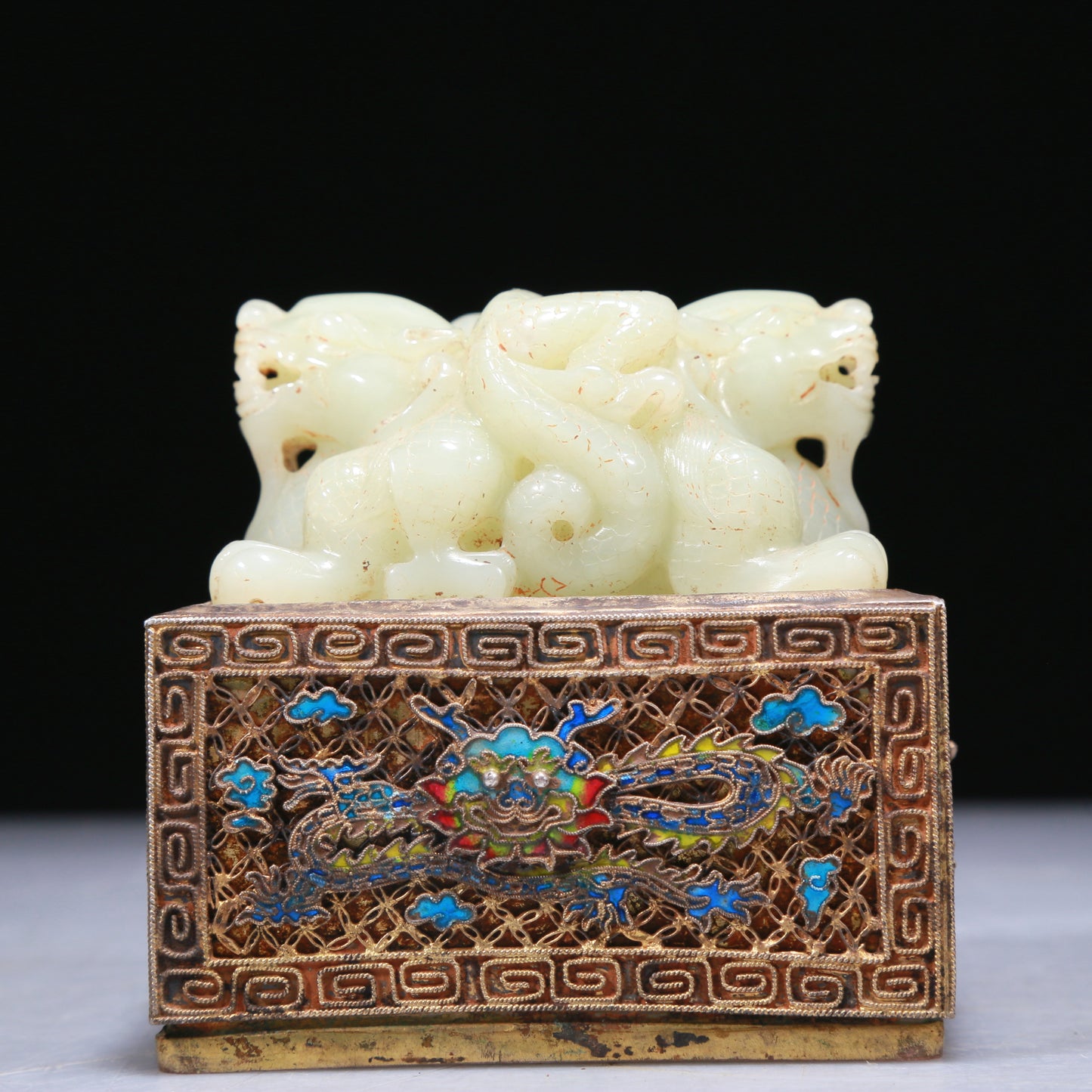 An Elaborate White Jade Gold-Mounted Blueing 'Dragon' Seal With A Gilt-Bronze 'Dragon' Stand