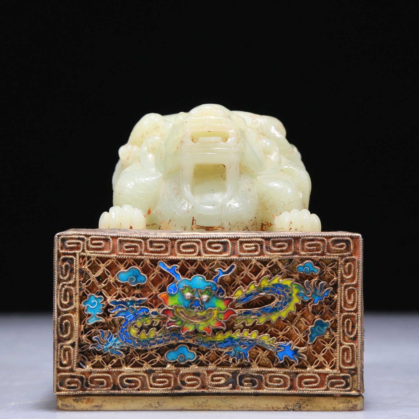 An Elaborate White Jade Gold-Mounted Blueing 'Dragon' Seal With A Gilt-Bronze 'Dragon' Stand