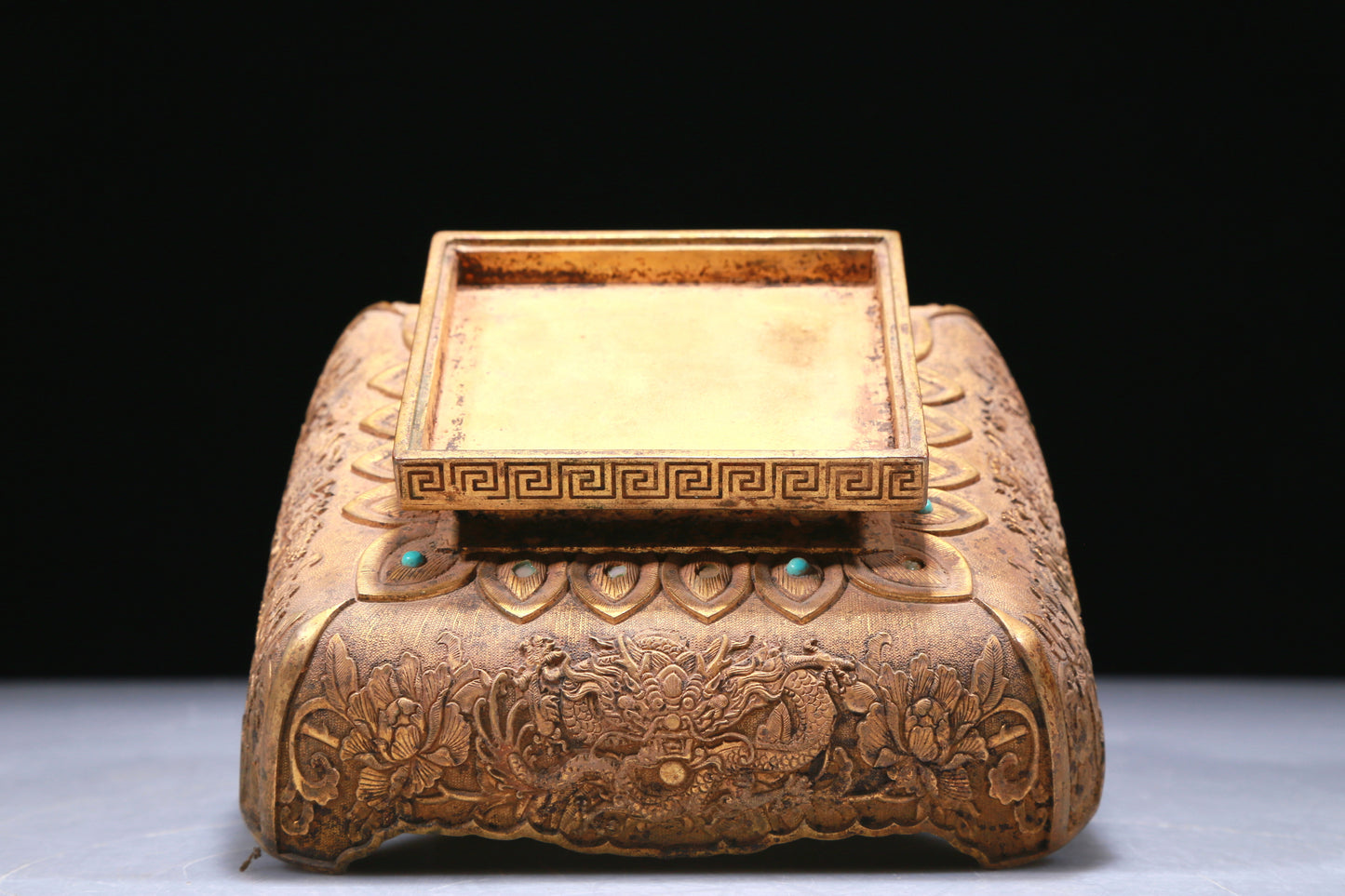 An Elaborate White Jade Gold-Mounted Blueing 'Dragon' Seal With A Gilt-Bronze 'Dragon' Stand