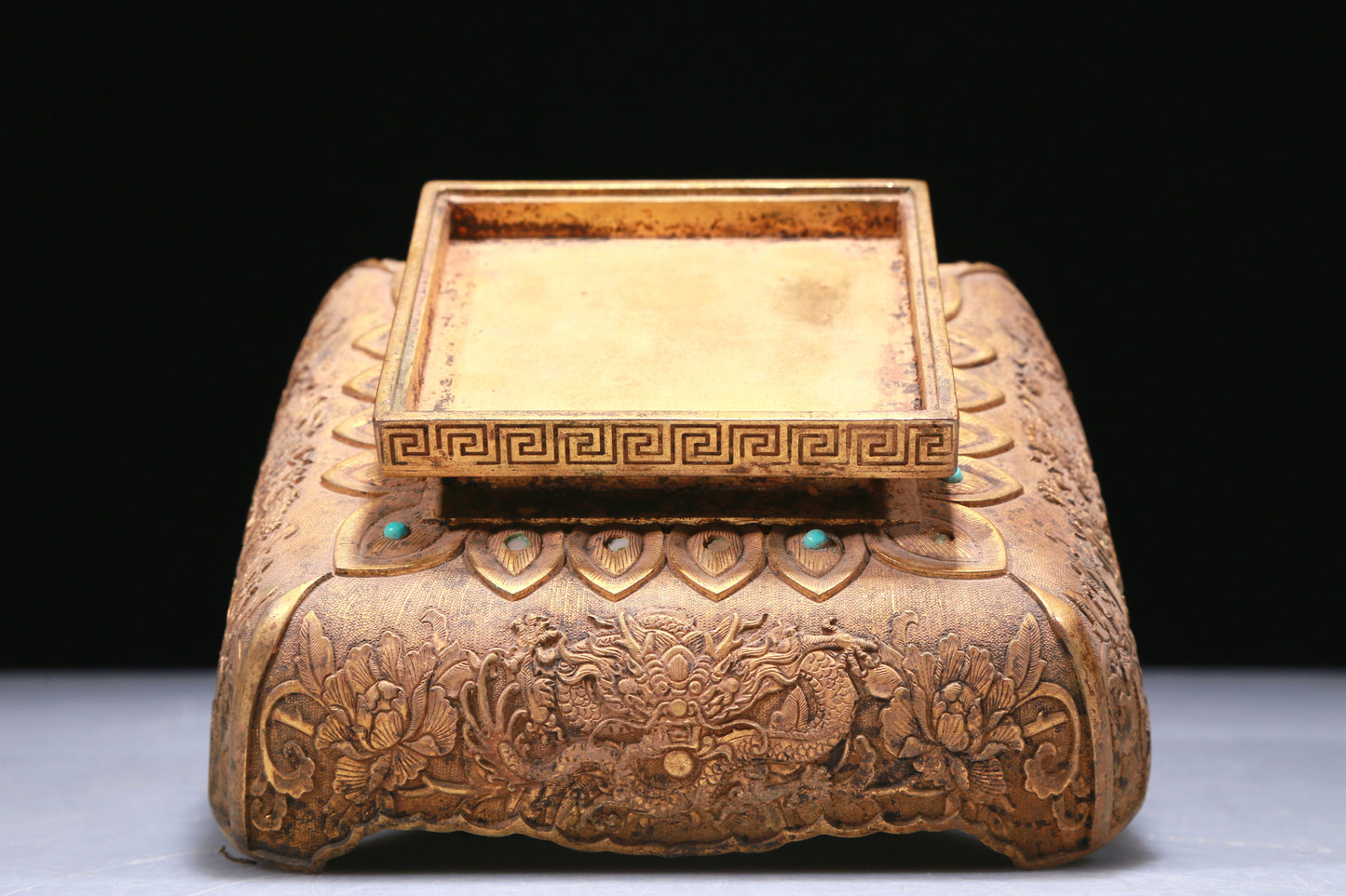 An Elaborate White Jade Gold-Mounted Blueing 'Dragon' Seal With A Gilt-Bronze 'Dragon' Stand