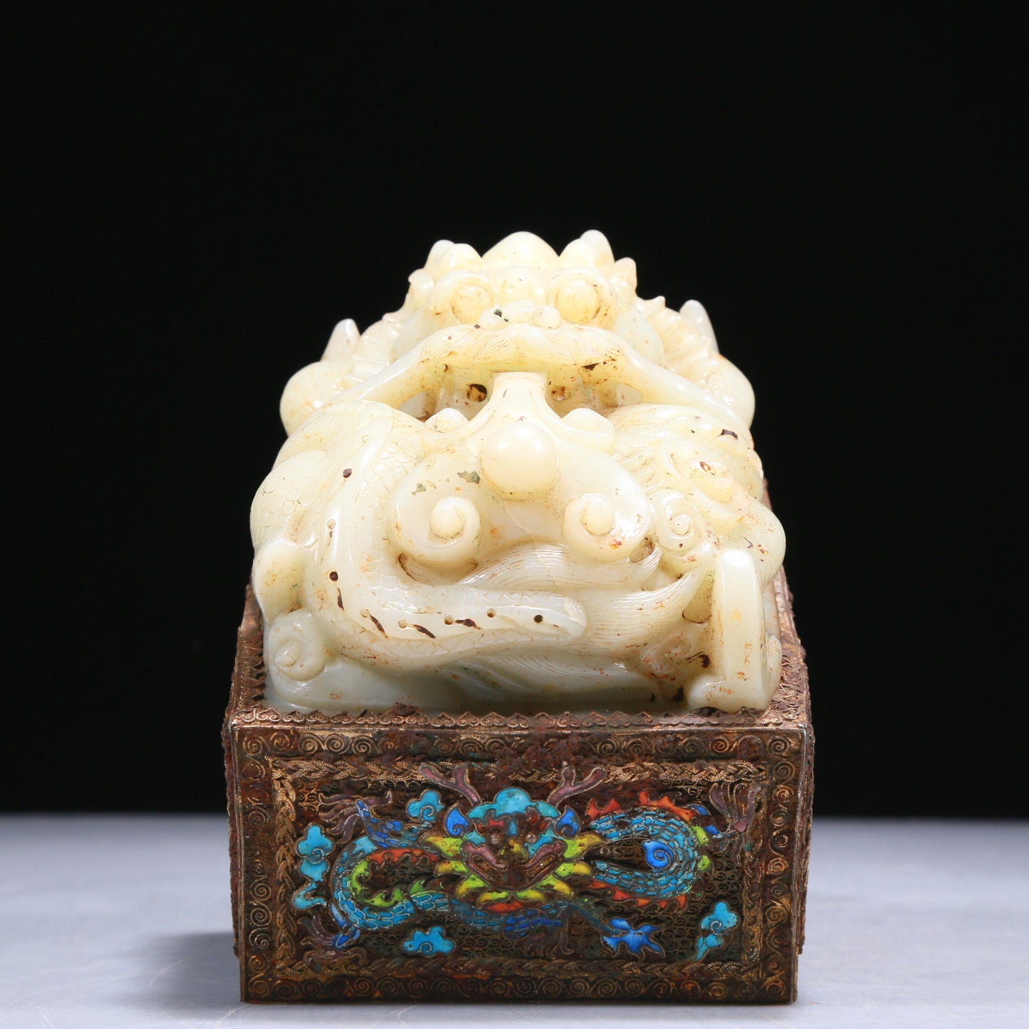 An Elaborate White Jade Gold-Mounted Blueing 'Dragon' Seal With A Gilt-Bronze 'Dragon' Stand