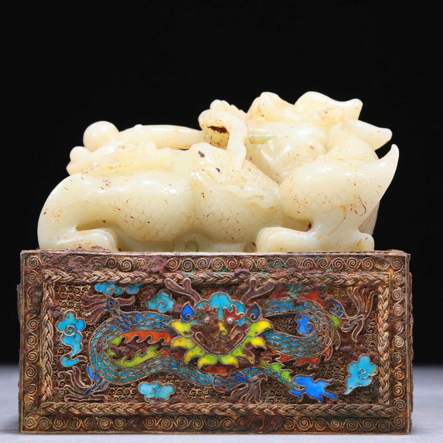 An Elaborate White Jade Gold-Mounted Blueing 'Dragon' Seal With A Gilt-Bronze 'Dragon' Stand