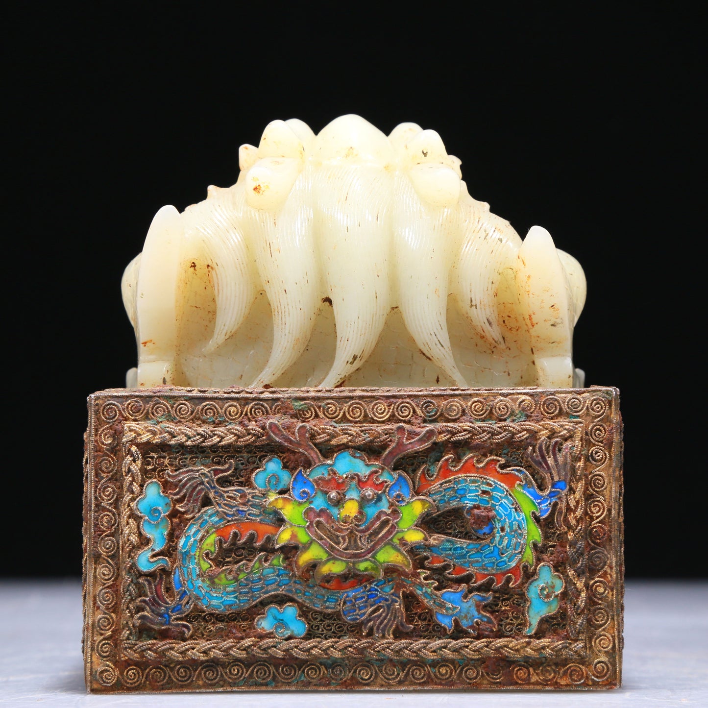 An Elaborate White Jade Gold-Mounted Blueing 'Dragon' Seal With A Gilt-Bronze 'Dragon' Stand