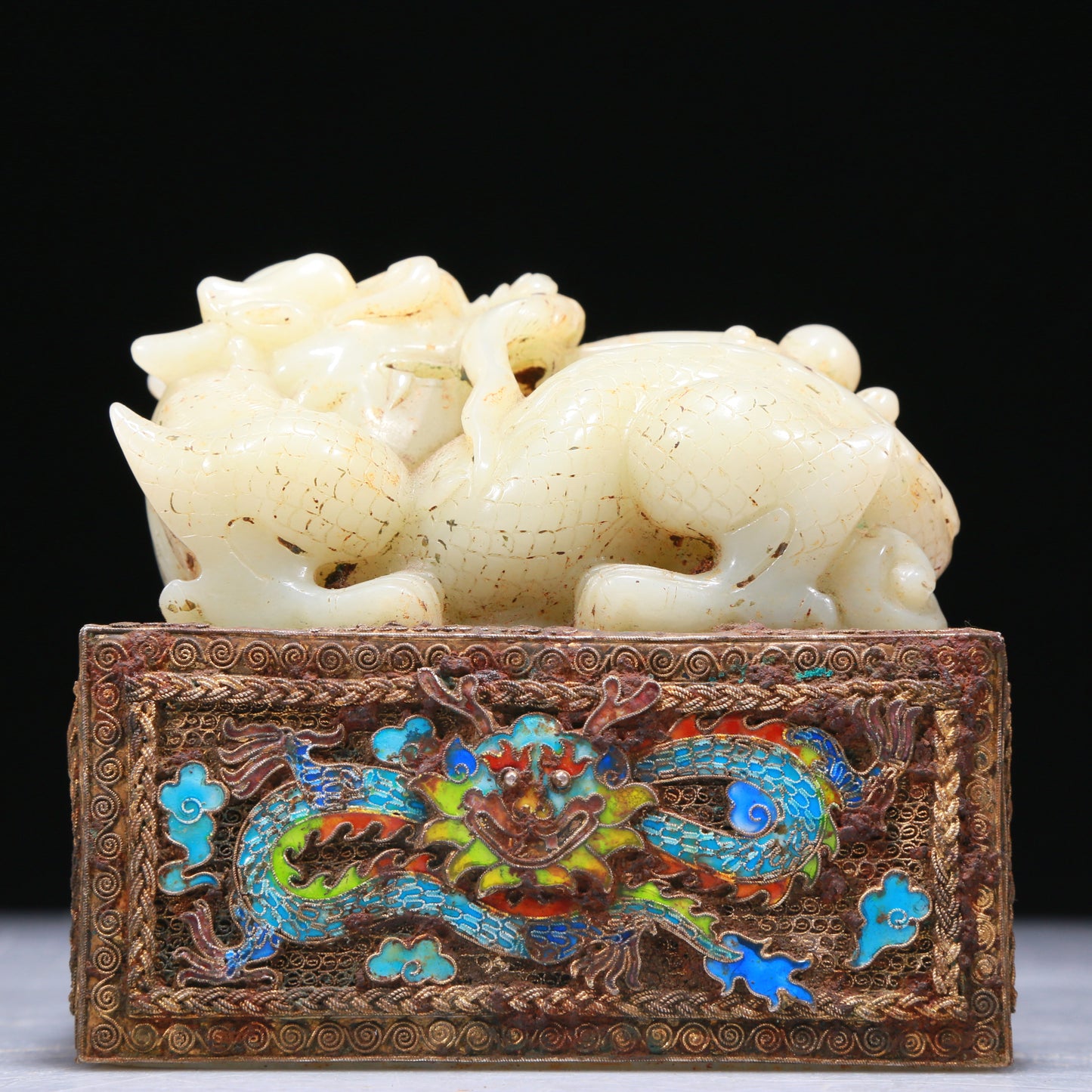 An Elaborate White Jade Gold-Mounted Blueing 'Dragon' Seal With A Gilt-Bronze 'Dragon' Stand