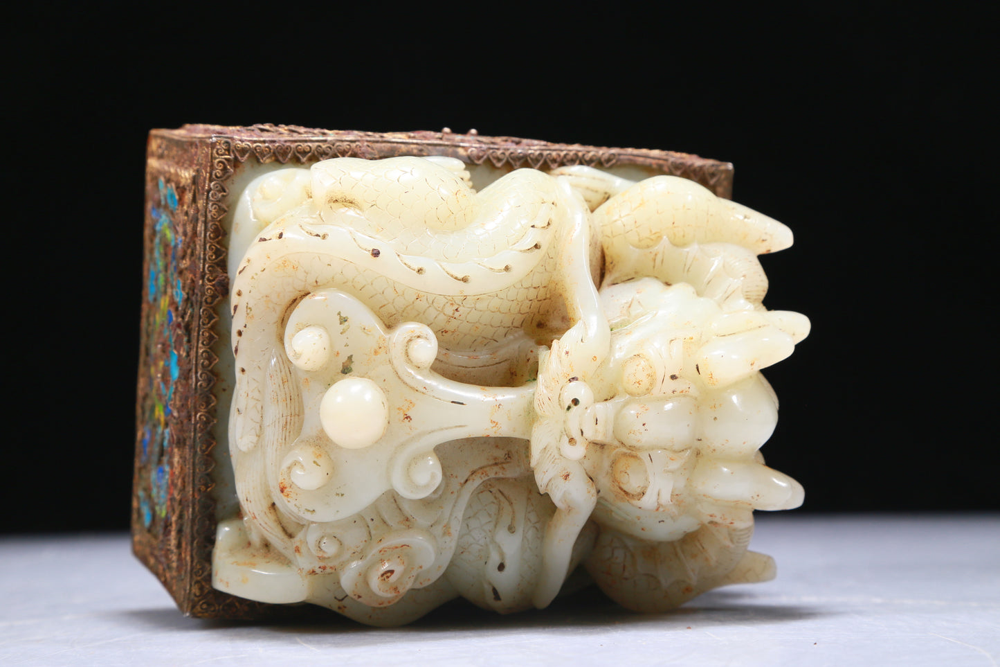 An Elaborate White Jade Gold-Mounted Blueing 'Dragon' Seal With A Gilt-Bronze 'Dragon' Stand